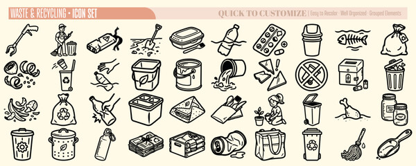 Hand drawn line art close up waste and recycling icon set showing assorted bins, food scraps, bottles, bags, tools, landscape view