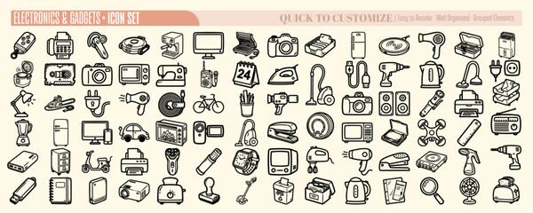 Hand drawn sketch icon set of electronics and gadgets grid showing varied devices close up on beige background minimalist vintage ink arrangement