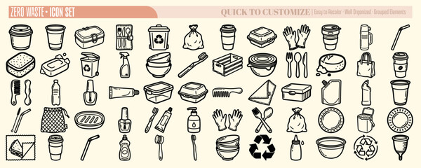 Hand drawn line art zero waste icon set close up grid of reusable cups containers utensils bags and recycling symbols flat vector