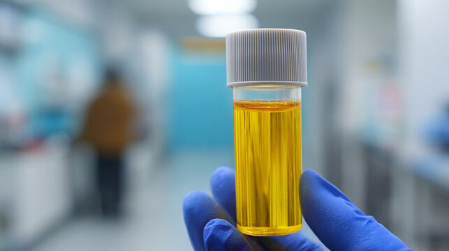 Human urine sample in laboratory vial for medical test and analysis