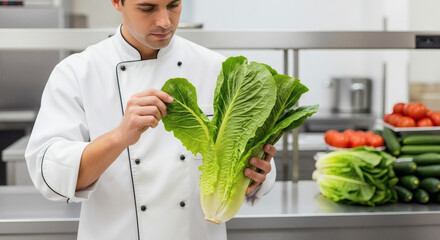 Chef carefully inspecting fresh lettuce in modern kitchen