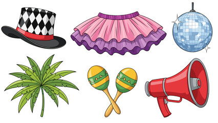 A colorful illustration of various party objects including a hat, skirt, disco ball, and musical instruments