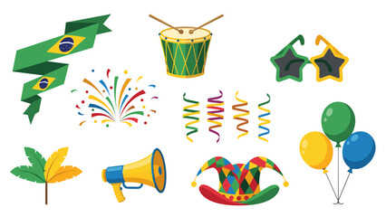 A colorful vector graphic illustration of various festive party elements and Brazilian carnival decorations