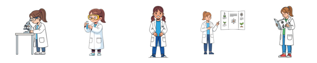 Fototapeta premium Cute Young Scientist Girl Flat Vector Characters Set For School Science Education