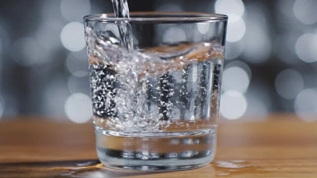 Pouring water into a glass with bubbles
