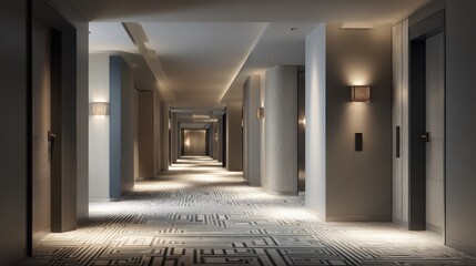 Elegant Hotel Corridor with Soft Lighting and Modern Design Elements in a Luxurious Environment