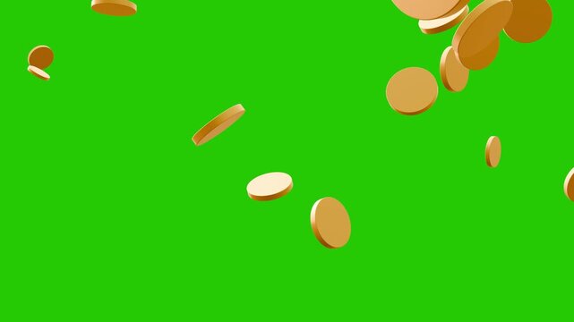 Falling 3d golden coins on green screen background.  Gold coin rain slow motion 4k stock video.