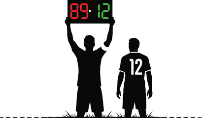 Soccer player substitution silhouette vector illustration with referee holding up digital board for injury time and player change © Bappi