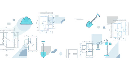 Fototapeta premium Architectural blueprints and construction tools illustration with hard hat, shovel, and crane.