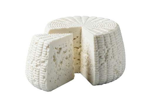 White ricotta cheese wheel, precise cut wedge exposing moist, creamy, granular texture, on clean transparent background, medium close-up, professional food photography concept