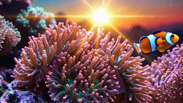 A vibrant coral reef is illuminated by sunlight, showcasing colorful coral and sea life. The coral and sea life coexist in a dynamic underwater environment, rich in color.