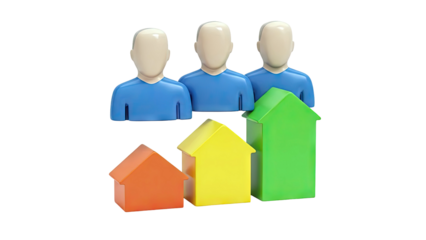 Three people and colorful house chart