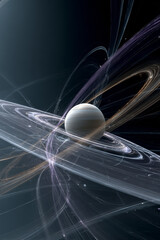 Abstract digital illustration of a planet surrounded by swirling rings and cosmic elements, showcasing the beauty of space and the mysteries of the universe