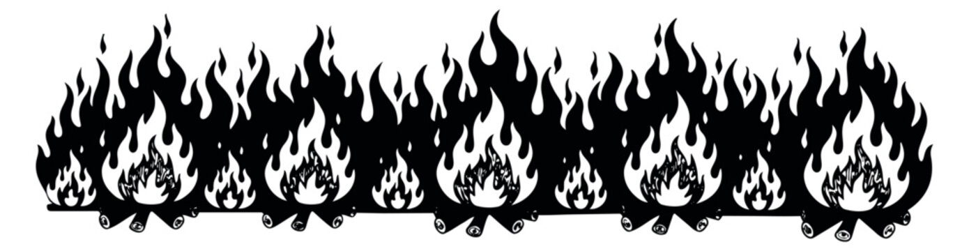 Hand drawn campfire set featuring burning logs and flickering flames for a decorative border