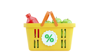 Yellow Shopping Basket with Apples, Bottle, and Discount Emblem