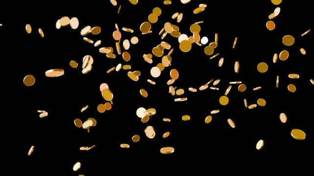 3d Gold coins explosion on black screen background. gold coin spinning animation for Business and currency Concept 4k video