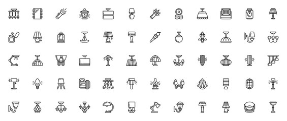 Fototapeta premium Lighting icon set. Vector lamp collection. Includes lantern, torch, spotlight, chandelier, street light, bulb and more. Minimal line icons.