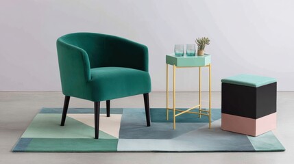 Modern dopamine interior with curved green armchair, geometric rug, pastel side table and color-blocked stool. Playful contemporary lounge setup with textures and minimalist styling