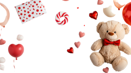 Valentine's day bear, love theme, flat lay, romantic gifts, isolated on transparent background