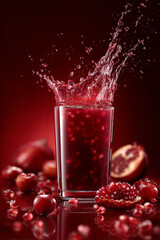 Refreshing glass of pomegranate juice splashing with vibrant red liquid, surrounded by fresh pomegranates and seeds, showcasing the essence of natural fruit beverages and vitality