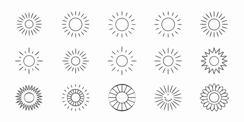 Collection of various sun icons and radiating light designs in black and white