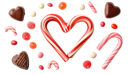 Valentine's day sweet treats: heart-shaped candy canes and chocolates on transparent background