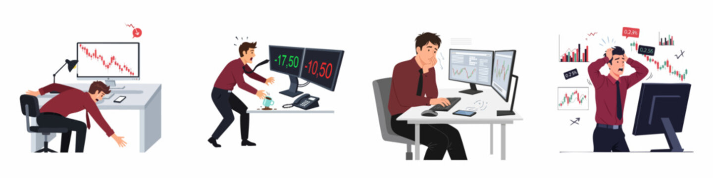 Financial Meltdown Scenes: Stressed Trader Reacting to Stock Market Crash and Business Loss, Showing Panic, Anxiety, and Trading Failure.
