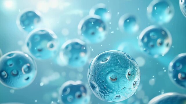 Stem Cells Floating in Blue Microscopic Environment, Abstract 3D Medical Animation