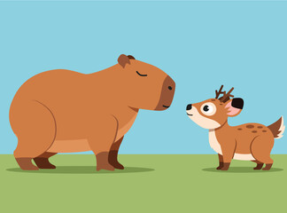 cute large capybara and small deer fawn standing together on green grass. friendly animal interaction against a blue sky.