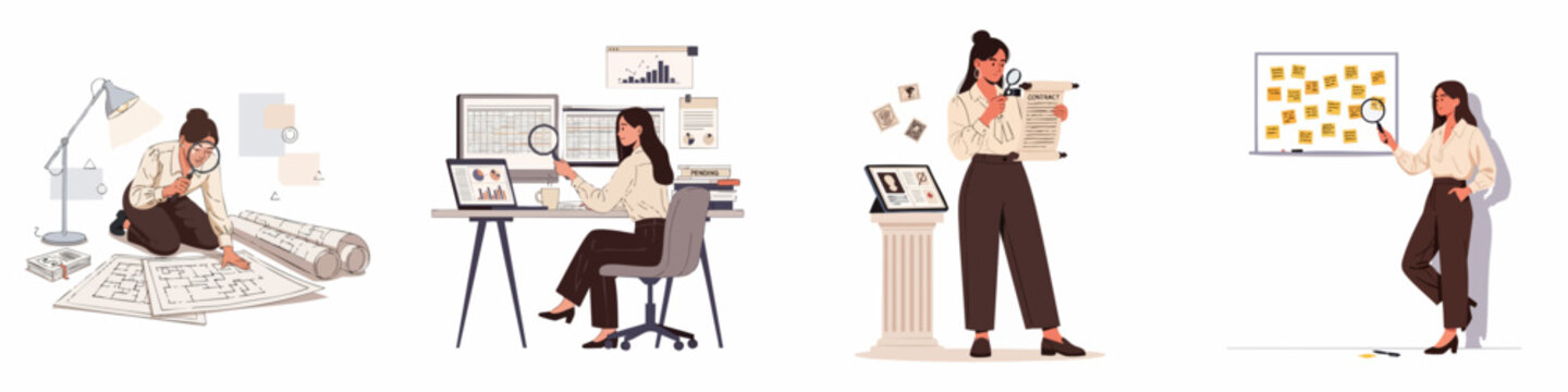 Businesswoman using a magnifying glass to scrutinize documents, data, and evidence in various professional settings, illustrating research and detailed analysis.