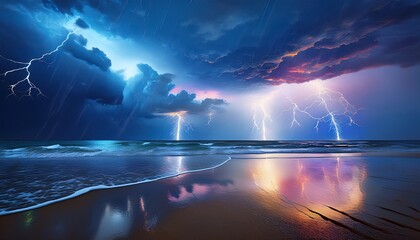stormy sky rain lightning dramatic cloud ocean beach reflection horizon nature landscape powerful lightning strikes dramatic storm clouds over