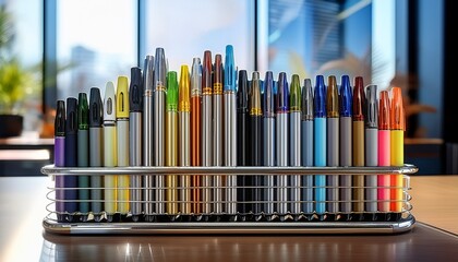 Obraz premium stylus digital pens rest vertically in metallic holders presented side by side