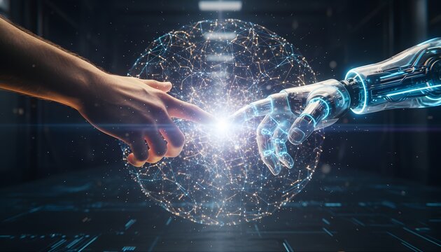 Artificial Intelligence and Human Interaction Concept with Robot and Human Hands Touching Digital Global Network Sphere