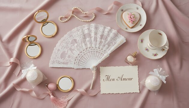 Elegant Romantic Flat Lay with Vintage Lace Fan, Pearls, Gold Mirrors, and Mon Amour Greeting Card on Dusty Rose Silk Surface