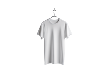 Mockup of a white T-shirt hanging on a hanger on a transparent background