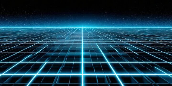 Data Grid Horizon: A stunning illustration of a digital landscape unfolds, a radiant blue grid stretching into the distance. It evokes a sense of technology and the digital age.