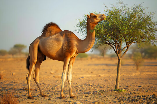 Camel Standing in Desert Landscape Eating Leaves from Tree