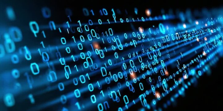 Digital Data Stream: A mesmerizing visual of a continuous stream of binary code, representing the essence of modern digital data. Flowing seamlessly through a dark space.