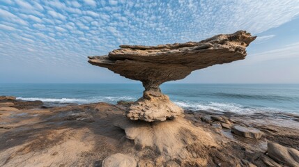 Whimsical mushroom-shaped rock formation on a rocky coastline with a textured sky
