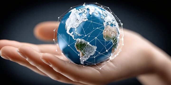 Global Connection in Palm: A delicate glass globe rests gently in the palm of a hand, intertwined with a network of connections symbolizing the power and unity of a global network.