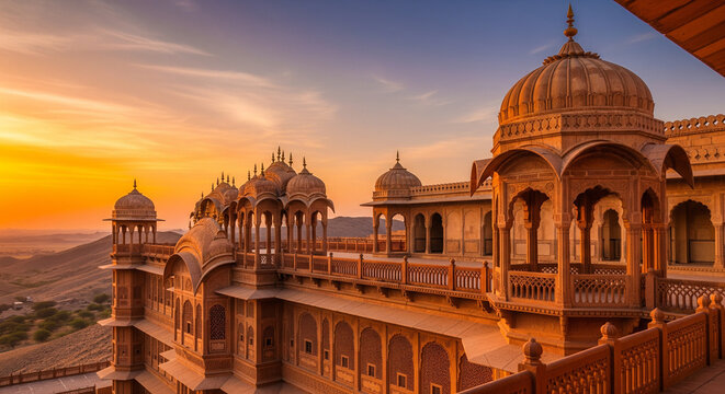 Rajasthan Corniches: Majestic Desert Architecture at Sunset