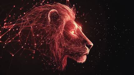 Glowing red lion head with intricate network and neon lights