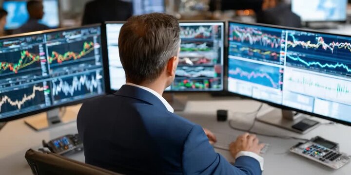 Mastering the Market: An expert financial analyst meticulously monitors live stock market data across multiple screens, engrossed in strategic analysis and trading decisions.