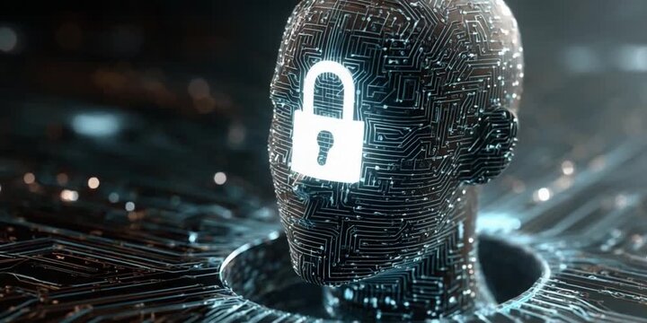 Digital Fortress: A conceptual depiction of a head, its surface embedded with intricate circuit patterns, bearing a glowing lock symbol.