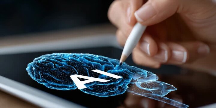 AI Brain Visualization: A digital pen interacts with an AI-enhanced brain visualization on a tablet, exploring the frontier of artificial intelligence and innovation.