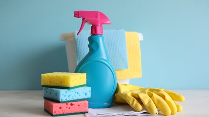 Cleaning supplies with spray bottle, gloves, and sponges on a table against a blue background