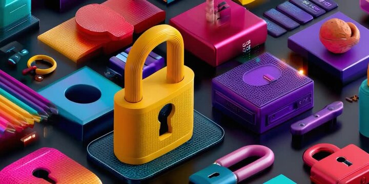 Security Fortress: A captivating artistic rendition of security featuring vibrant, geometric shapes, a prominent padlock and an array of security elements, reflecting an atmosphere of protection.