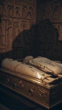 Low-angle shot of ancient Egyptian mummies in a dimly lit tomb, capturing the mysterious atmosphere. Perfect for a historical video theme.
