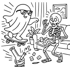 Spooky Ride: A cool ghost on a skateboard cruises past a surprised skeleton holding a tray of treats, with a bong in the background, this illustration creates a fun Halloween feel.