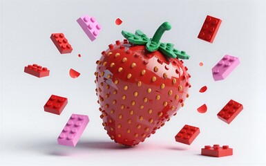 Fototapeta premium Lego strawberry with red and pink bricks floating around, vibrant and playful.